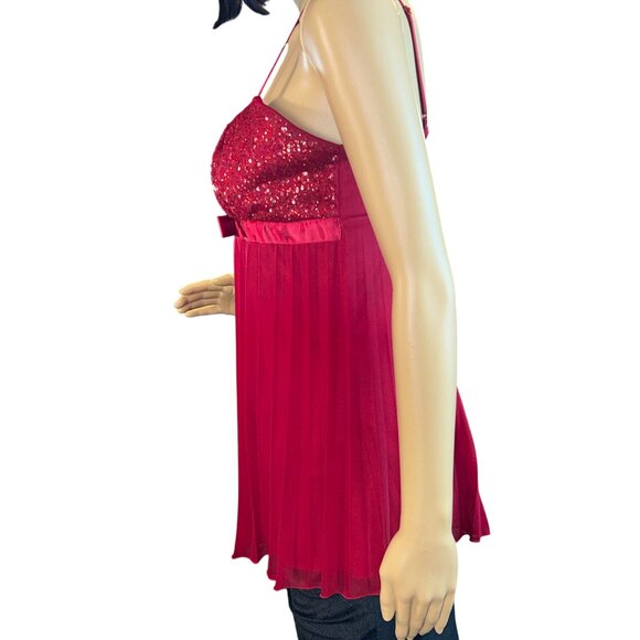 Rampage Womens Sleeveless Pleated Babydoll Top Red Sequin Medium Y2K Holiday - Picture 2 of 9